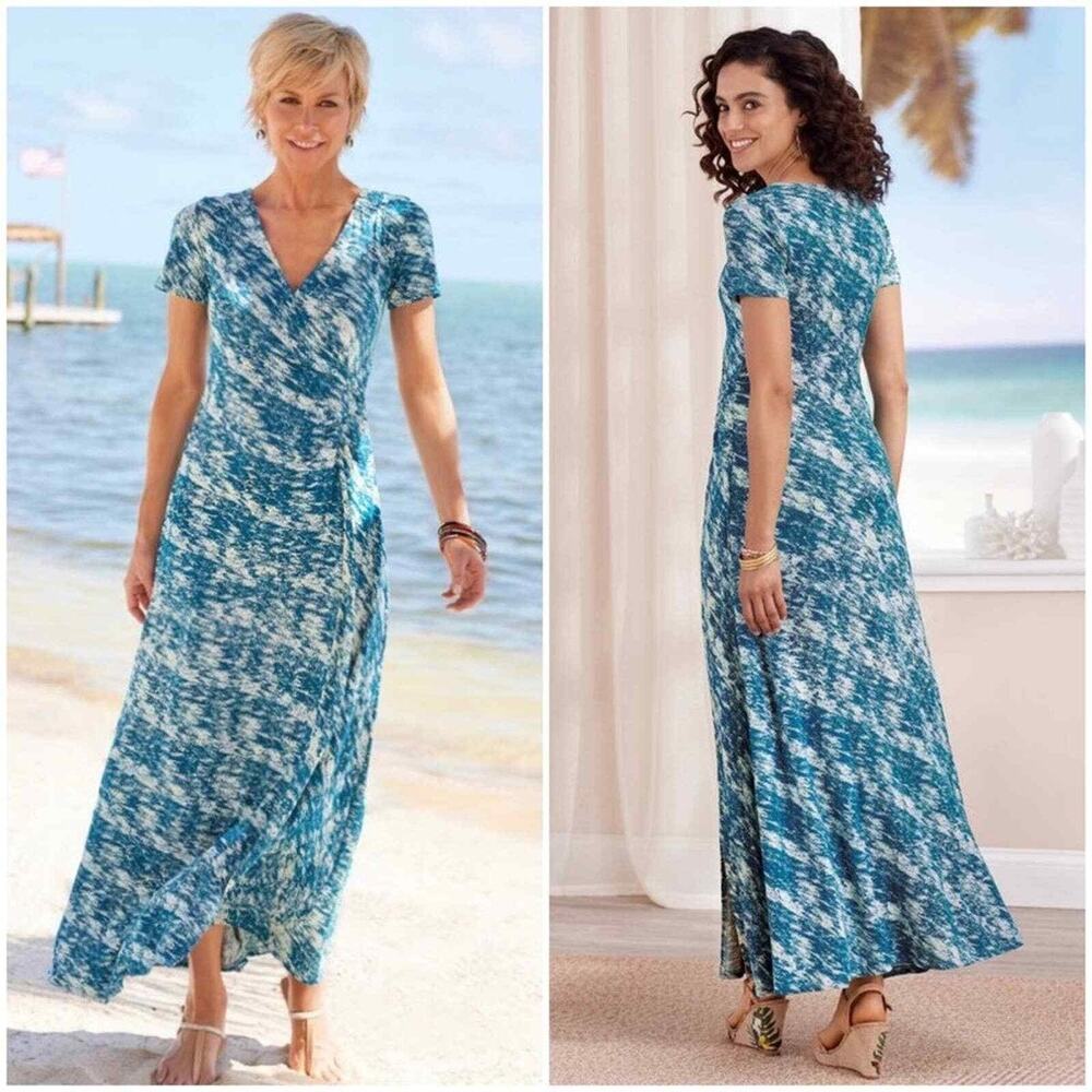 NWT Soft Surroundings Joanna Faux Wrap Maxi Dress Teal Ecru Abstract Print XL